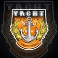 Anchor with rope with gold laurel wreath in center of shield on blackboard. Sport logo for any yachting or sailing team